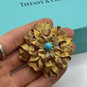 Tiffany & Co. Vintage 18K Yellow Gold Turquoise & Diamonds Ribbon Brooch *Rare*
